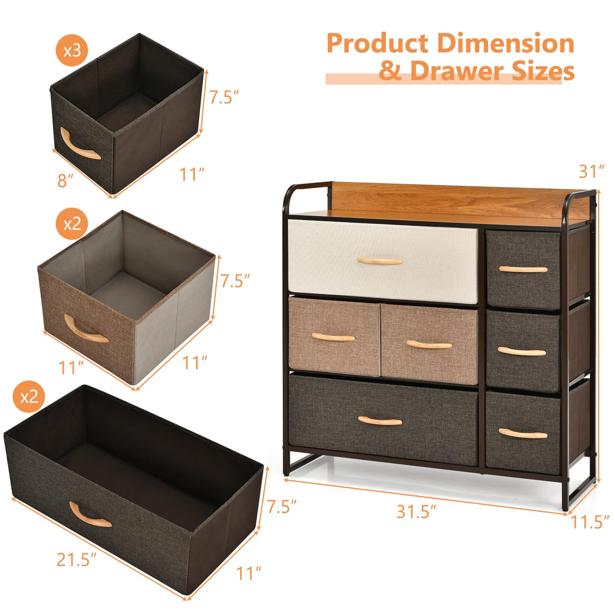 7 Drawer Dresser Storage Tower with Foldable Fabric Drawers, Steel Frame & Wooden