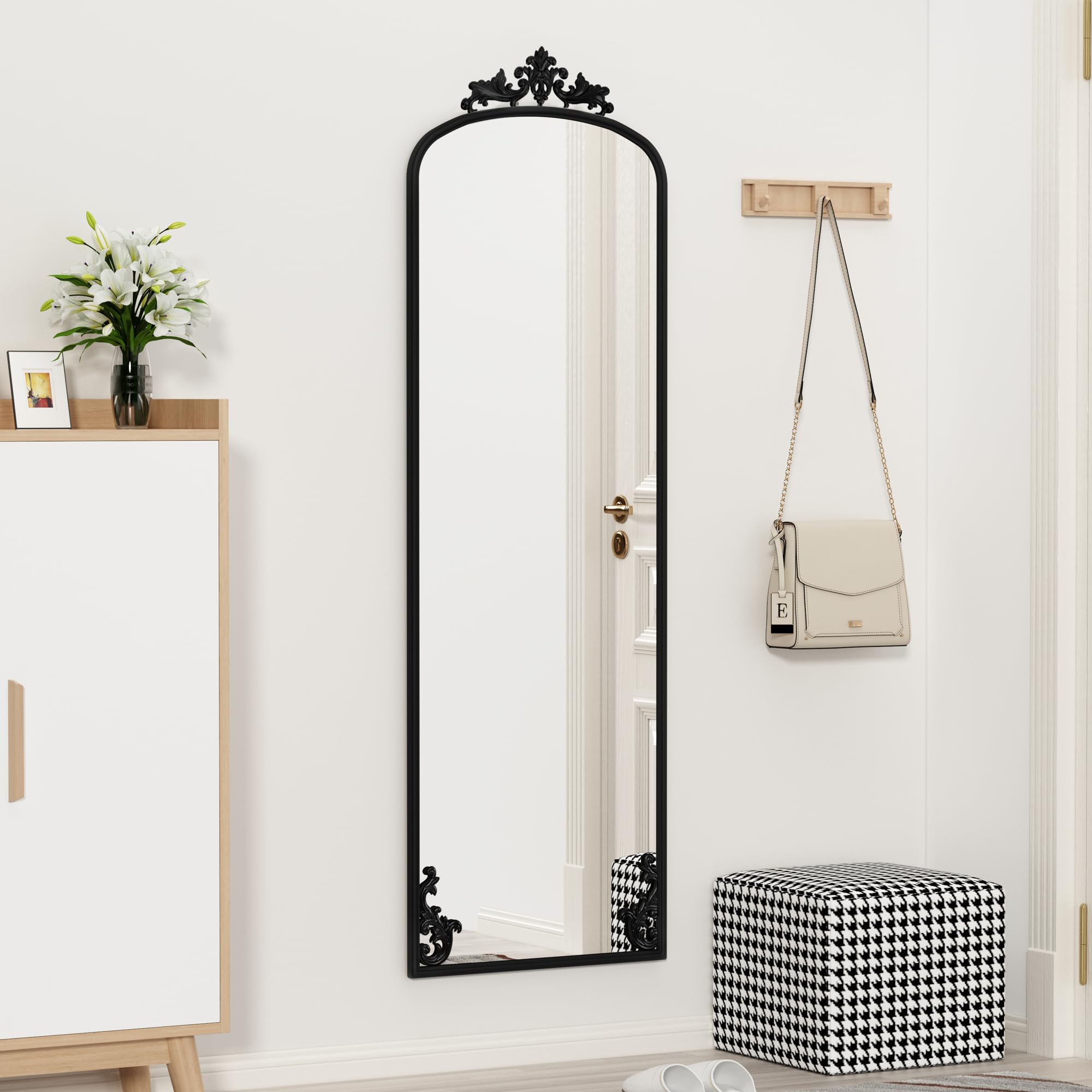 Arched Full Length Floor Mirror 65" x 21" - Black Metal Frame with Stand