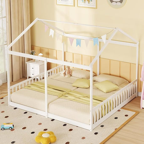 Double Twin Floor Beds for 2 Kids, Wood Twin Size House Beds with Safety Guardrails