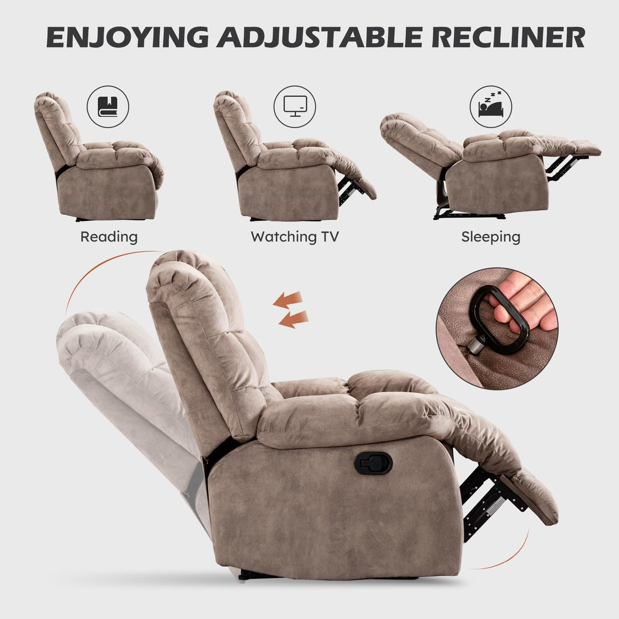 Single Recliner Chairs for Living Room Overstuffed Breathable Fabric Reclining Chair