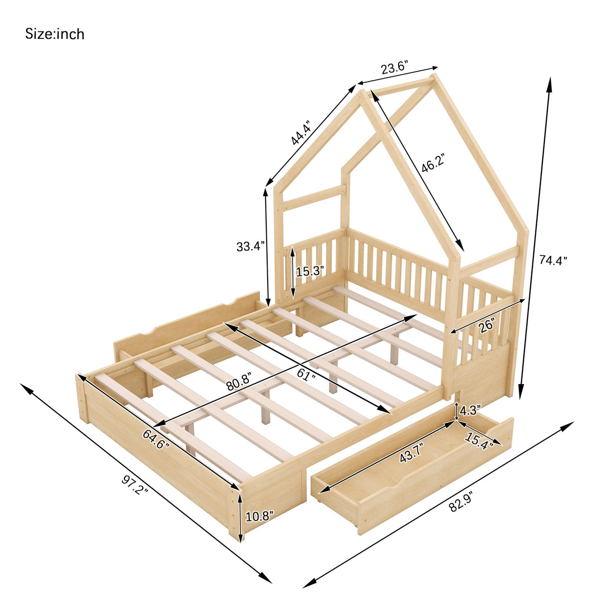 Queen Size House Bed Frame with Storage Drawers and Guardrail