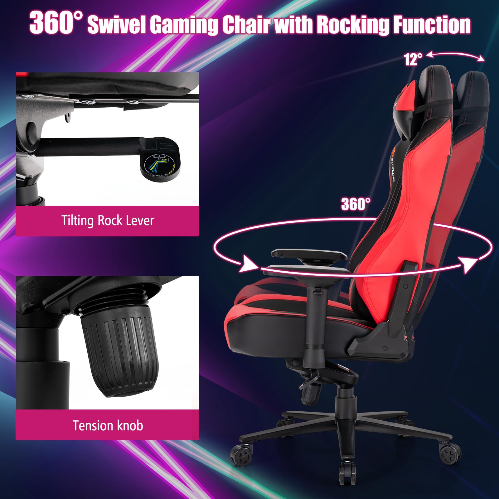 360° Swivel Gaming Chair with 4D Armrest & Multi-Angle Reclining - Red