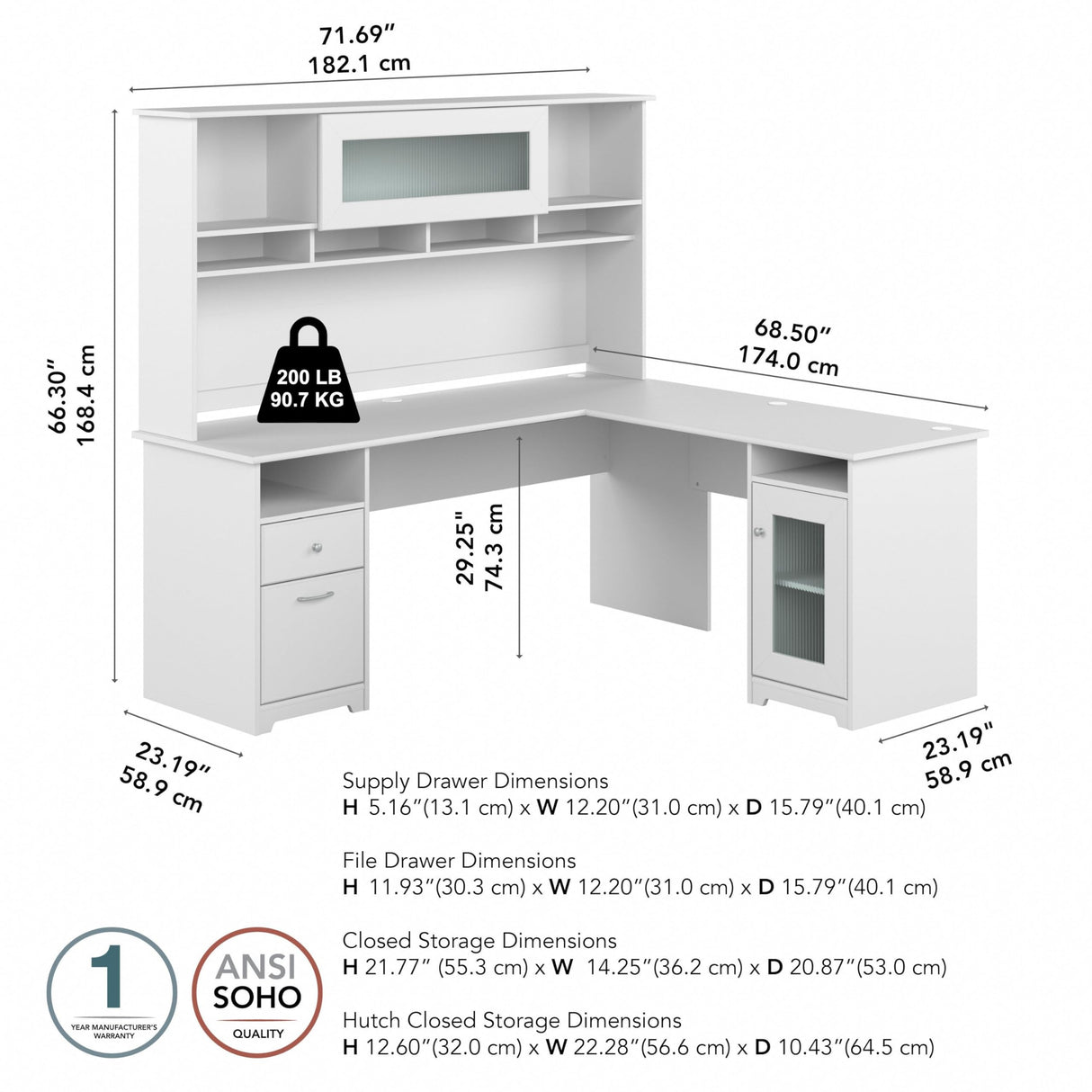 Cabot L Shaped Computer Desk with Hutch and Storage, 72W, White