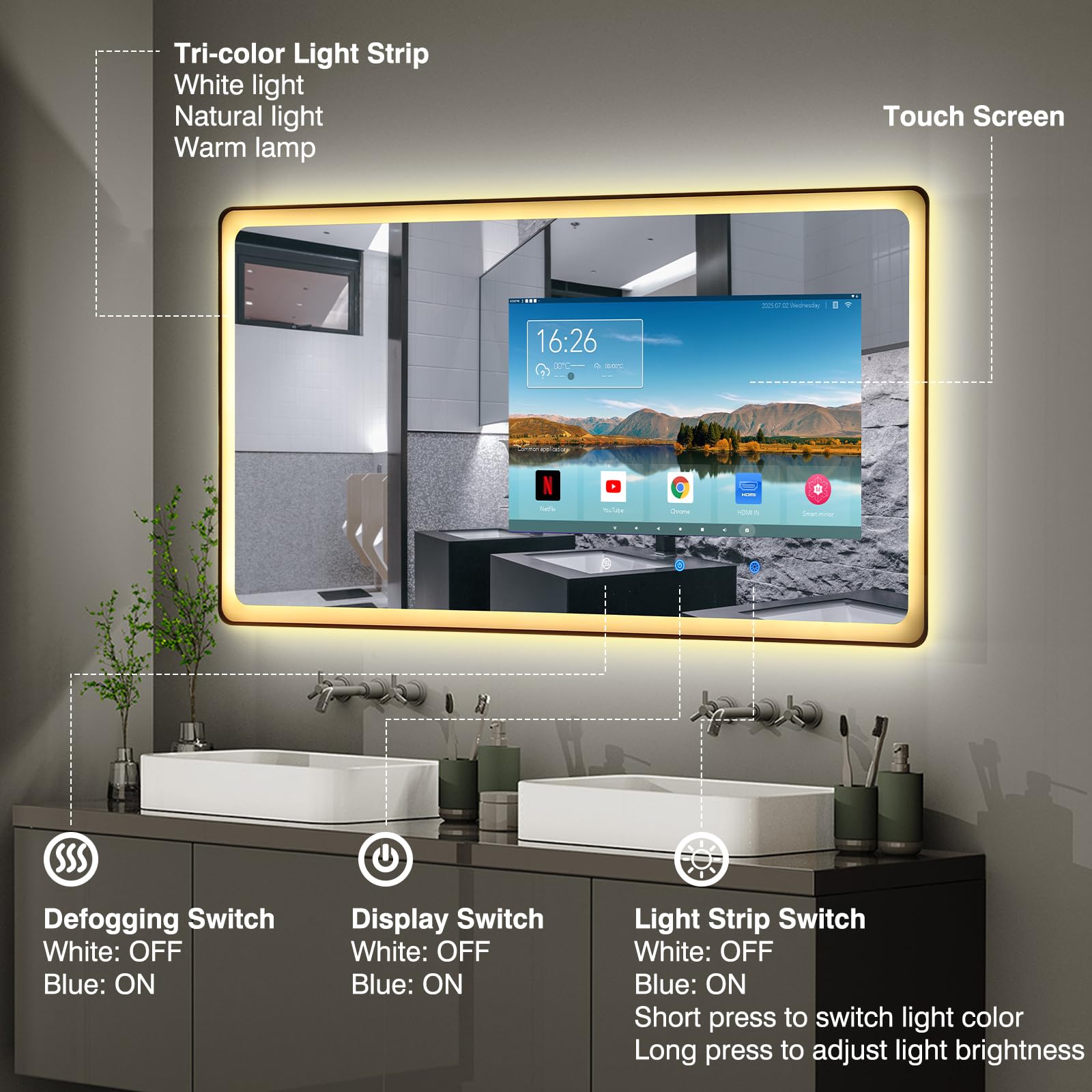 39×20 Inch Smart Bathroom Mirror with Touchscreen TV