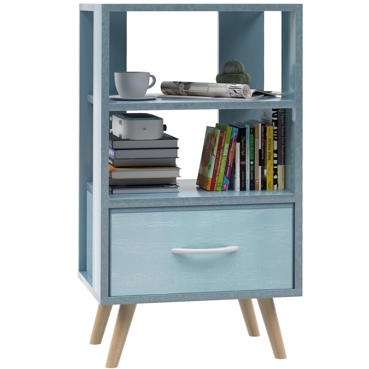 Blue Kids Nightstand with Drawer, Nursery Side Table with Open Storage, 3-Tier Modern