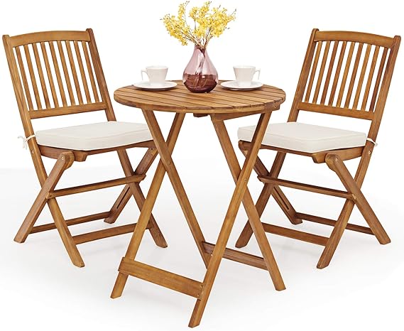 3 PCS Patio Folding Bistro Set, Outdoor Acacia Wood Chair