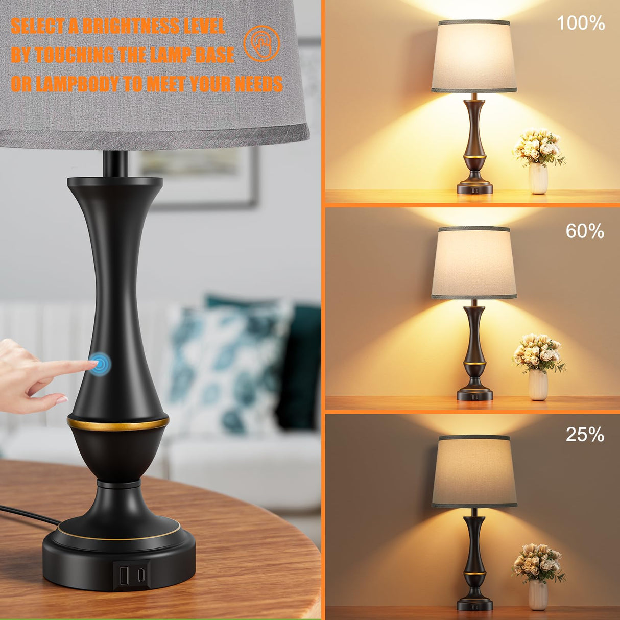 Touch Lamps for Bedrooms Set of 2 - Nightstand Table Lamp with USB C+A, 3 Way Dimmable Bedside