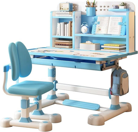 Desk and Chair Set- Height Adjustable Children School Study Desk with Castle Backboard