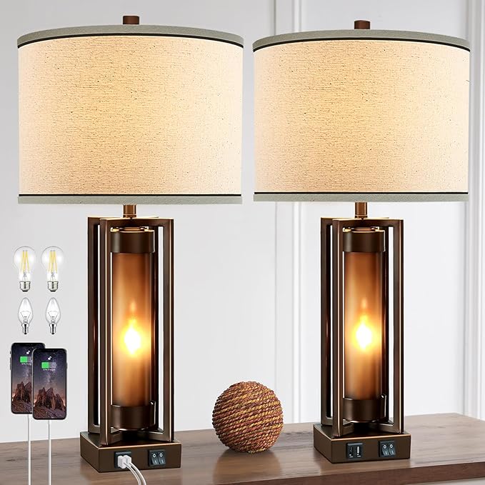 Set of 2 Modern Table Lamp for Living Room with 2 USB Ports, Contemporary Nightstand