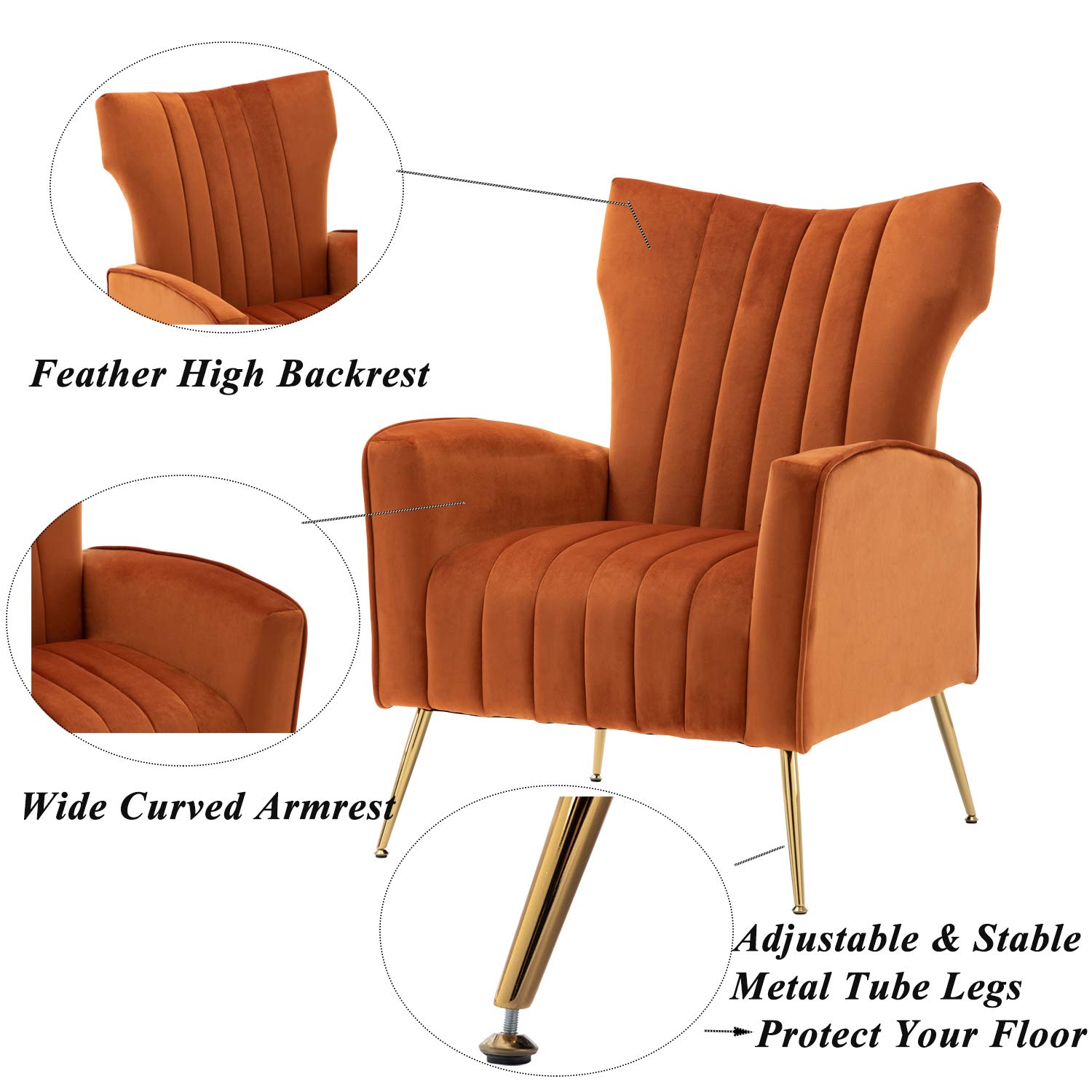 Accent Chair with Metal Gold Legs Velvet Upholstered Arm Club Leisure Modern Chair for Living Room Bedroom Patio, Caramel Color,