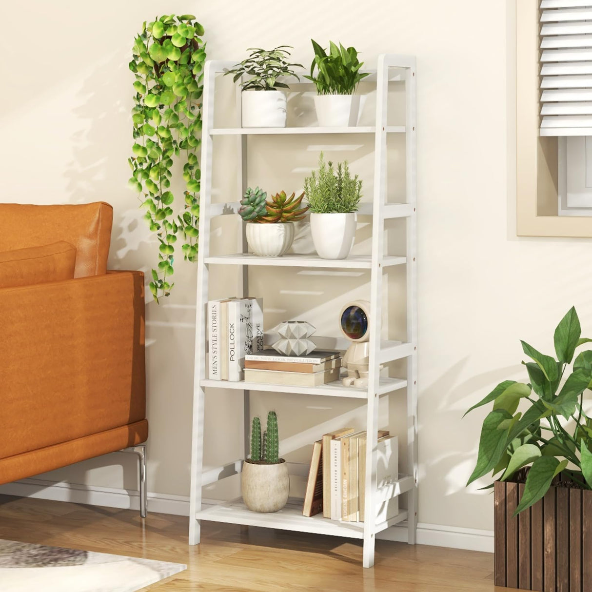 4-Tier White Ladder Shelf, Bamboo Open Bookcase Book Shelf with Storage, 47.5" Freestanding Display Shelving Unit Plant Stand Rack Organizer, Shelves for Bedroom, Living Room, Home Office