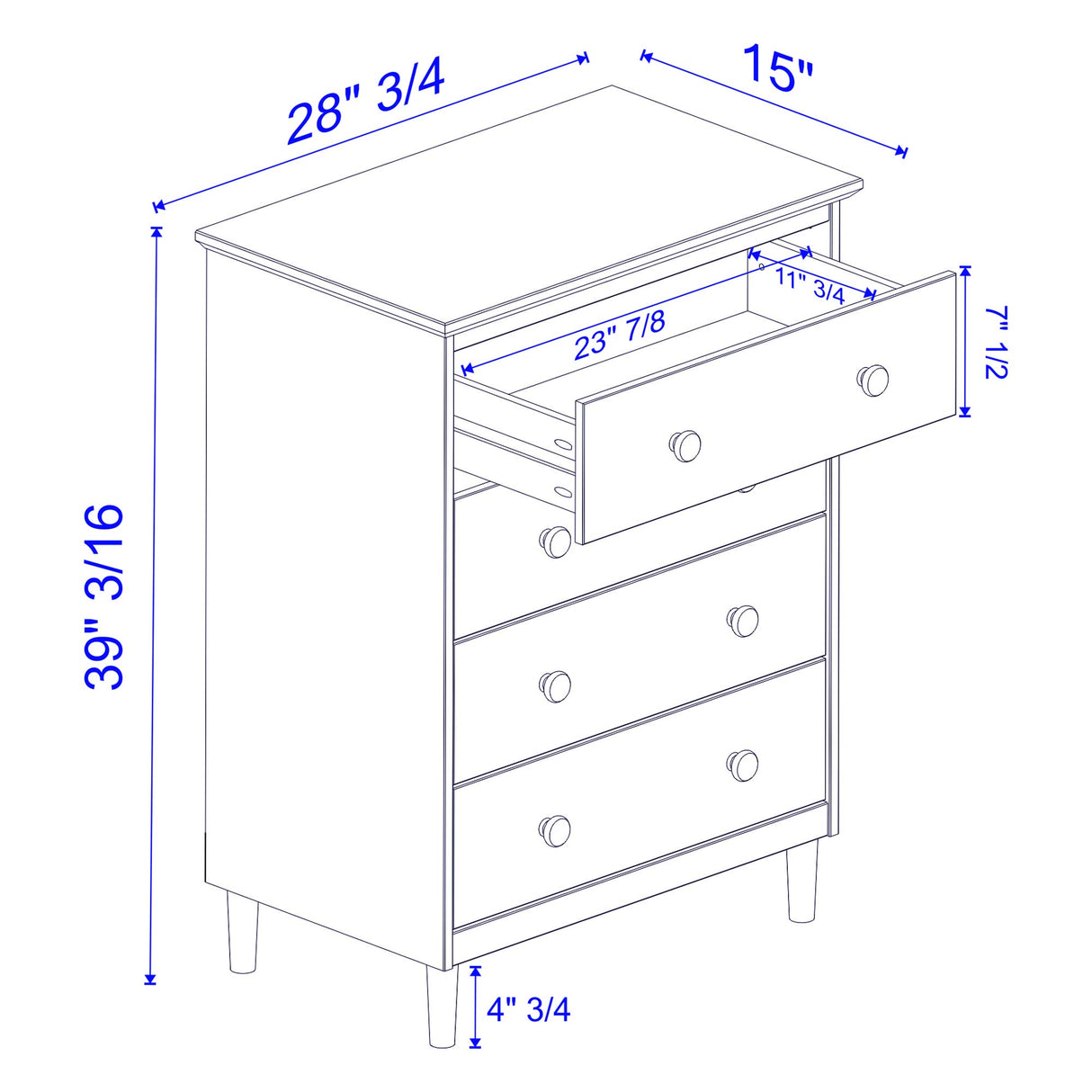 Tall Wood Dresser Bedroom Storage Drawer  4 Drawer White