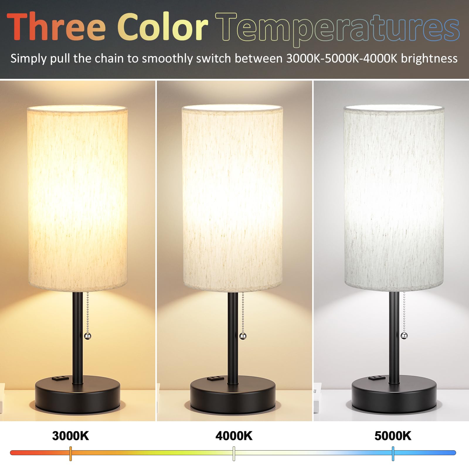Plus Bedside Table Lamps Set of 2 - 3 Color Temperatures Pull Chain Lamp with AC Outlet