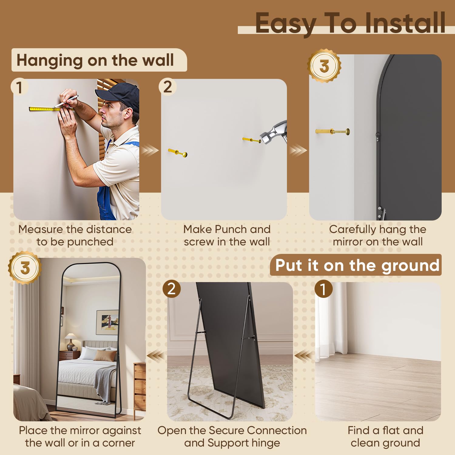 Full Length Floor Mirror with Stand 71"x28" - Rounded Top Aluminum Frame