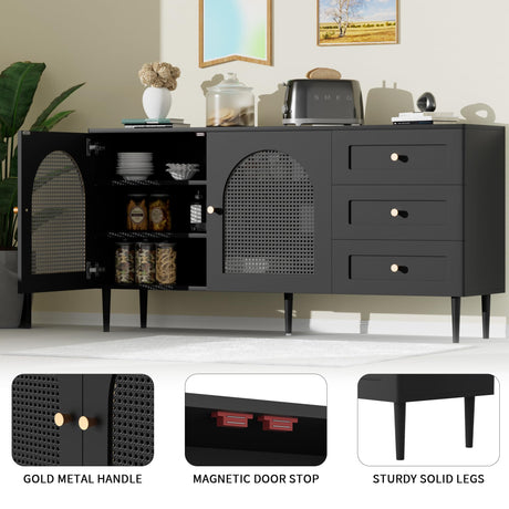 Modern Black Sideboard Buffet Cabinet with Storage & 3 Drawers, Console Table