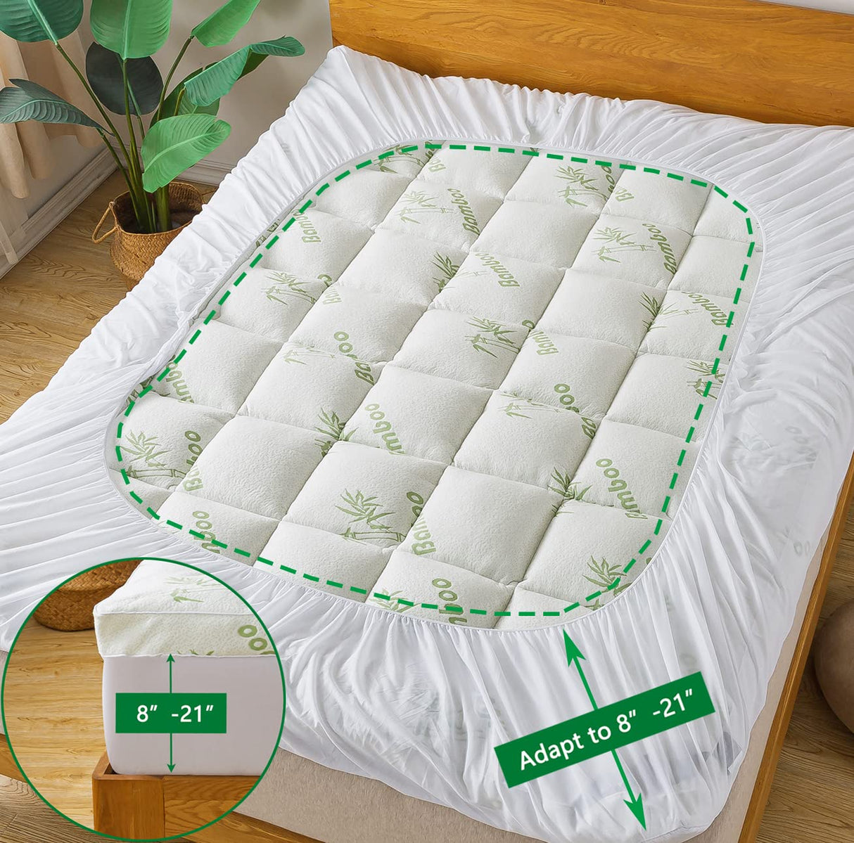 Bamboo_Viscose Mattress Topper Queen Size, Cooling Extra 3 Inch Thick Breathable mattress pad,