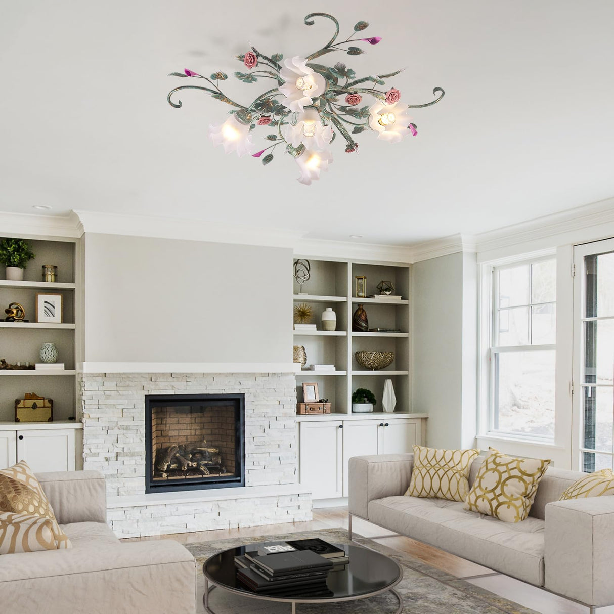 5-Light Ceramic Rose Ceiling Light with Glass Lampshade