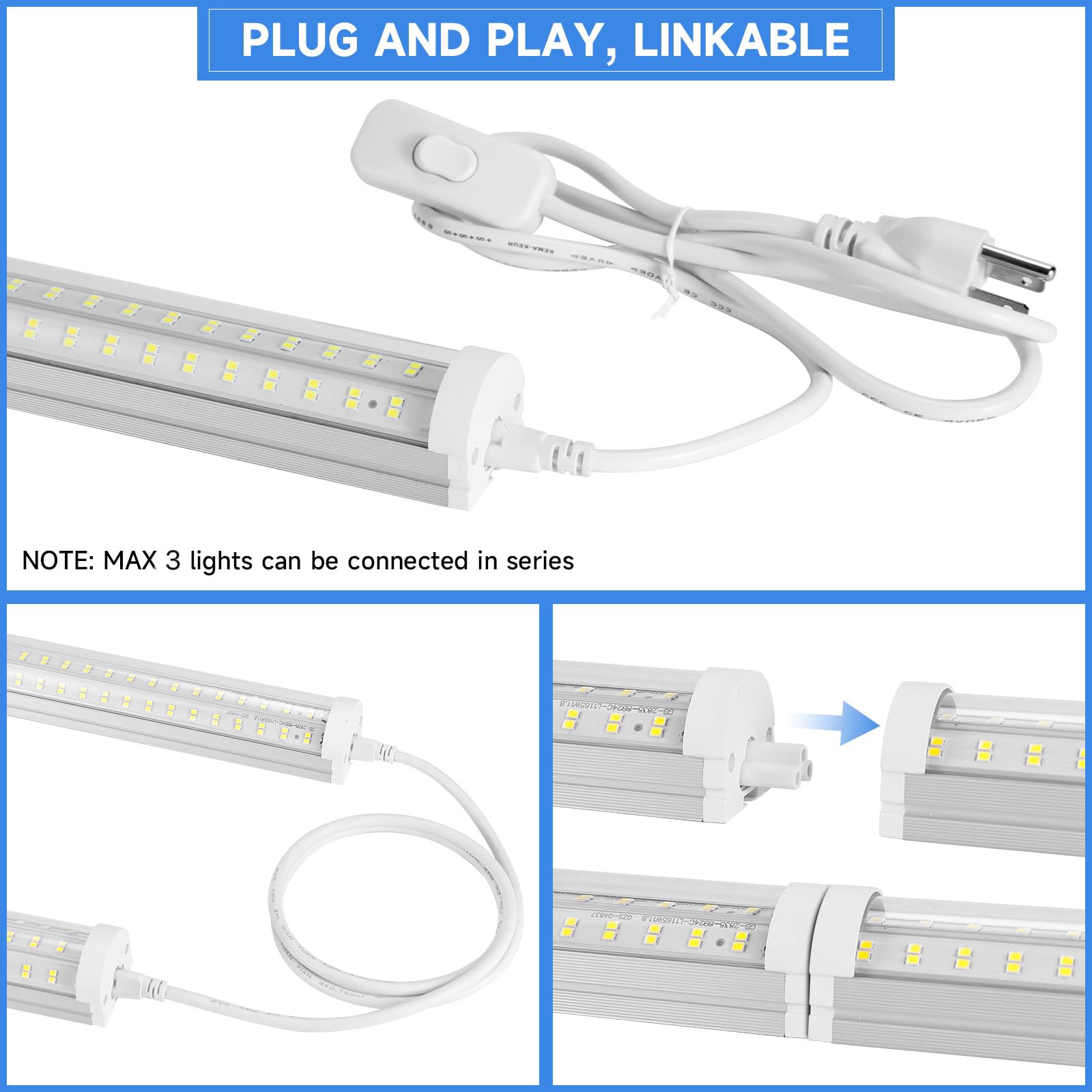 8FT U-Shape LED Ceiling Light - 125W 20000LM 6500K Bright White (6-Pack)