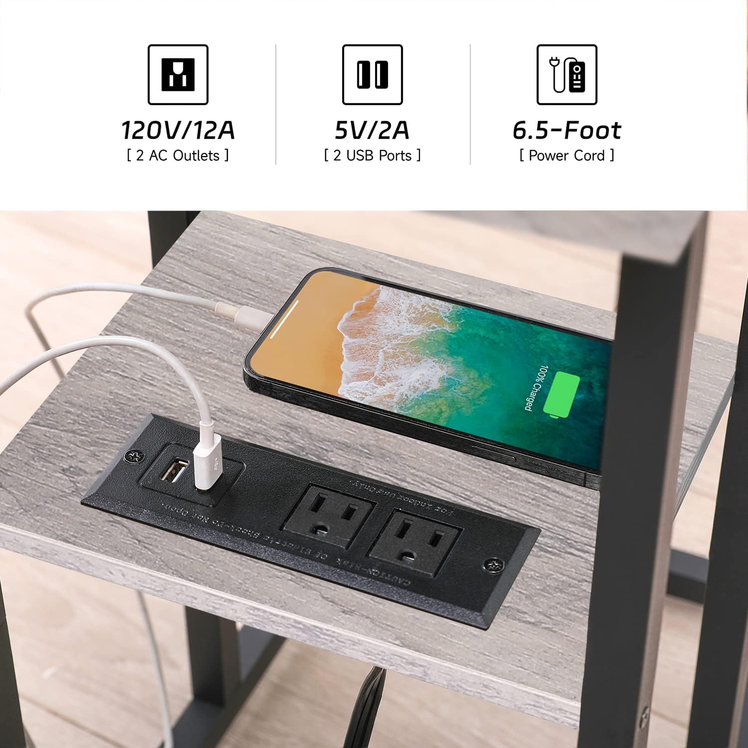 Side Table with Charging Station Set of 2 - Small C Table Narrow End Table