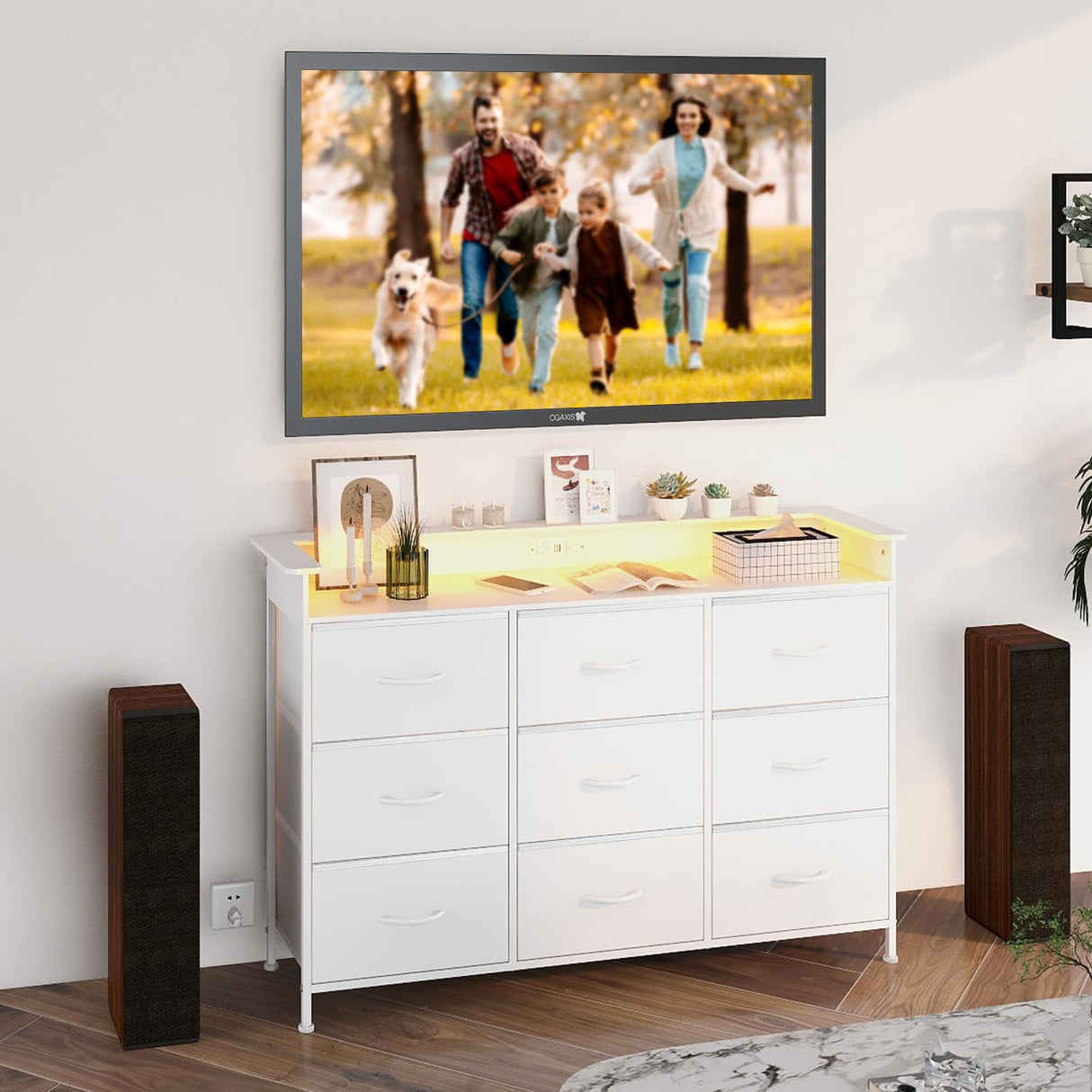 White Dresser with LED Light for Bedroom 9 Drawer Dressers with Charging Station