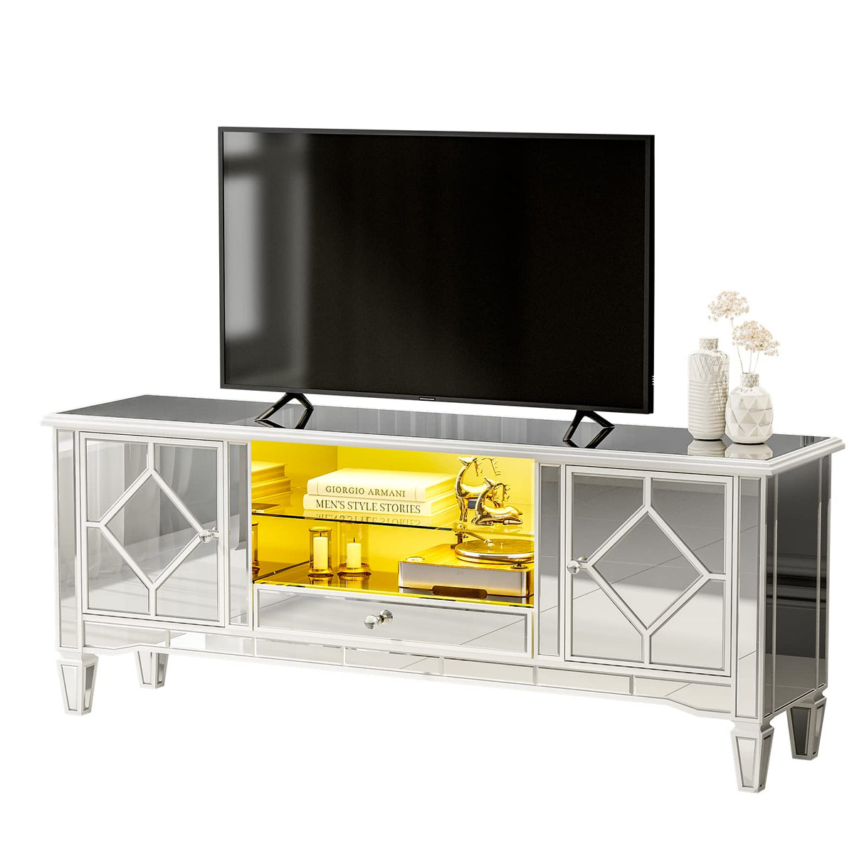 Mirrored LED TV Stand for 65+ inch TV, Silver Entertainment Center with LED Lights