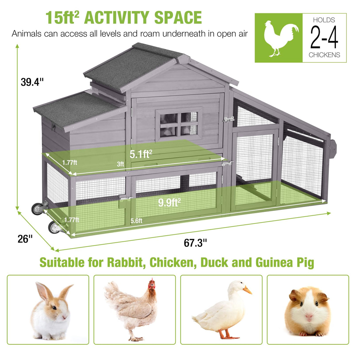 Chicken Coop Mobile Chicken House On Wheel Outdoor Rabbit Hutch for 2-4 Chickens