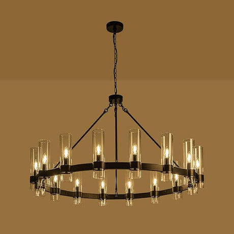 26 Inch Black Wagon Wheel Chandelier with Glass Shade, 8 Lights
