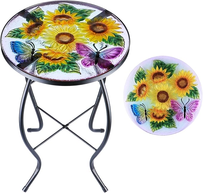 Outdoor Side Table - 14’’ Blue and Transparency Leaf Glass Accent Round EndTable