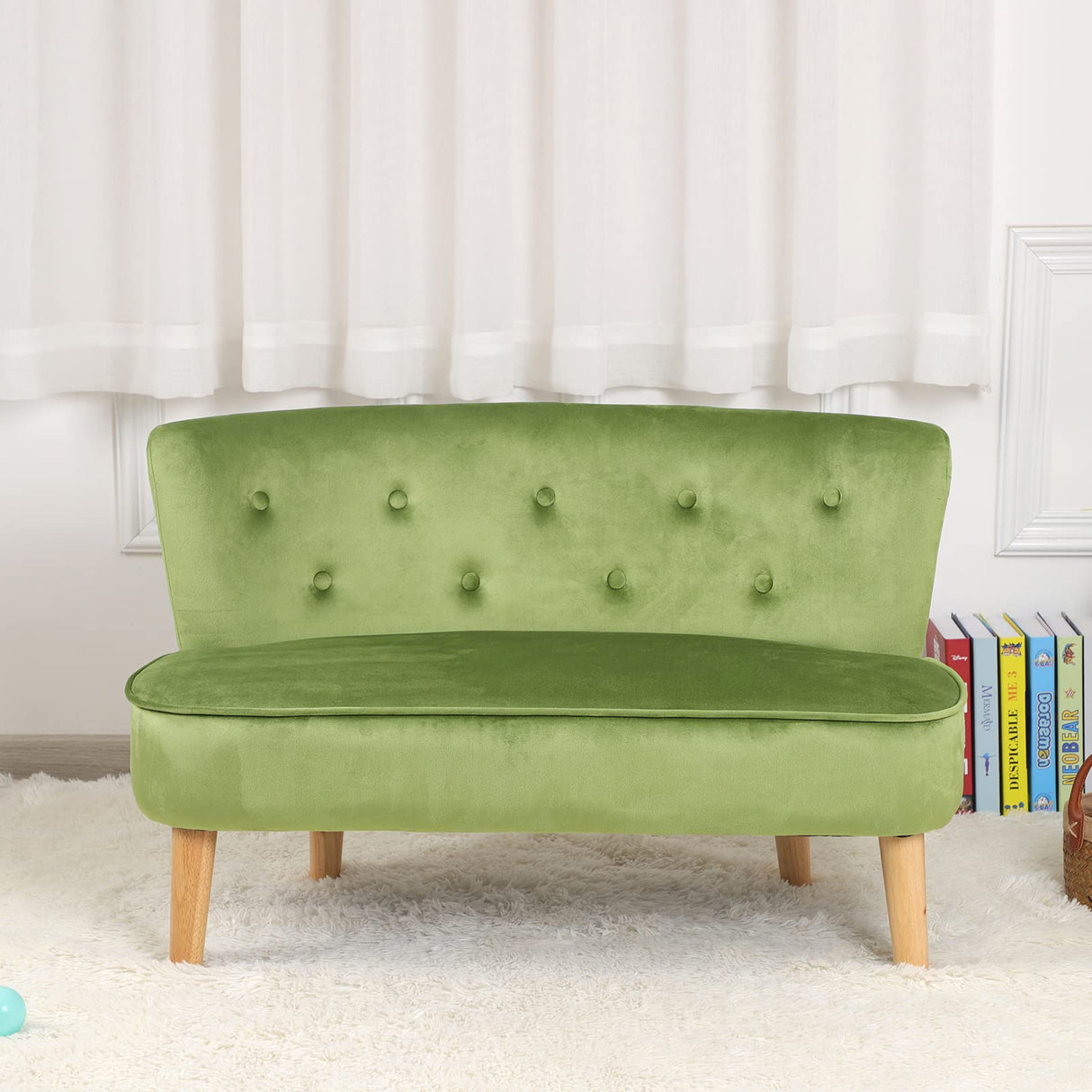 -Seat Kid Sofa Couch with Velvet Fabric,Kid Sofa Chair with Wooden Frame for 3-6 Age Children Gift,35.6" Length, Grass Green