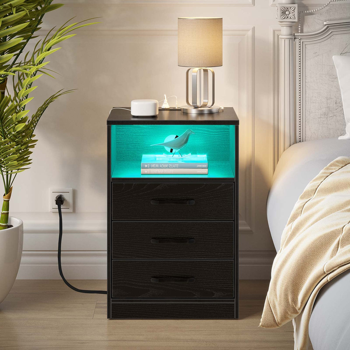 Nightstand with Wireless Charging Station and LED Lights, Modern End Side Table