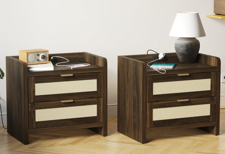 Night Stand Set of 2 - Rattan Nightstands with Built-in Charging Port, 2 Woven Drawers