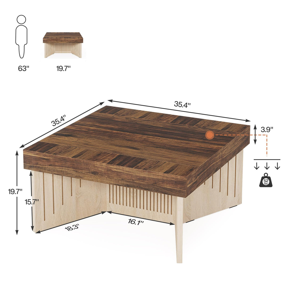 Tribesigns 35.4" Coffee Table, Square Wood Coffee Table, Farmhouse Coffee Table Center with Engraved Lines Design,