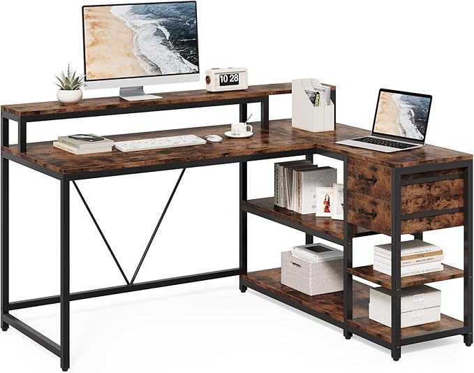 55-Inch L-Shaped Computer Desk, Reversible Computer Desk with Drawers