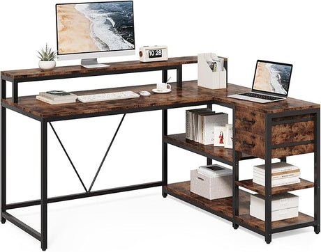 55-Inch L-Shaped Computer Desk, Reversible Computer Desk with Drawers