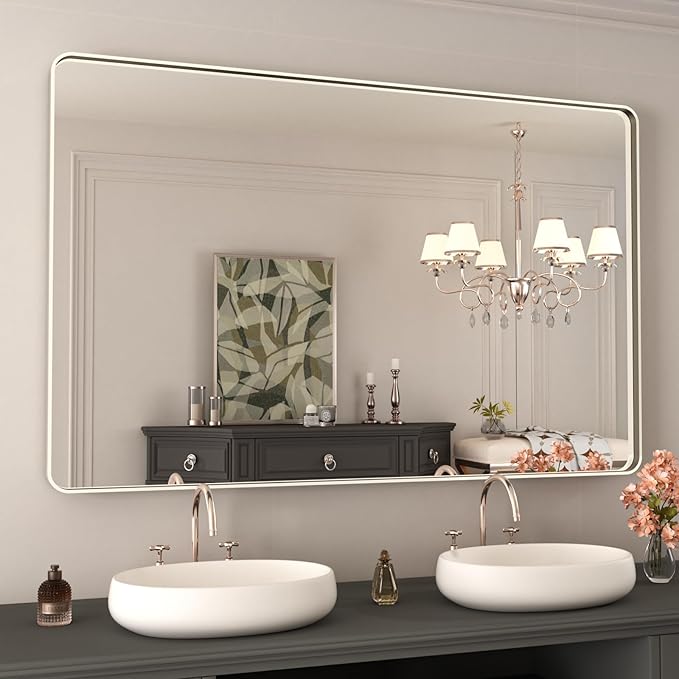 White Bathroom Mirror 48X30 Inch, Rounded Rectangle White Metal Frame Mirror,