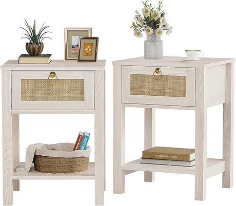 Rattan White Nightstand Set of 2: Sturdy Wood Night Stand with Rattan Drawer, Farmhouse