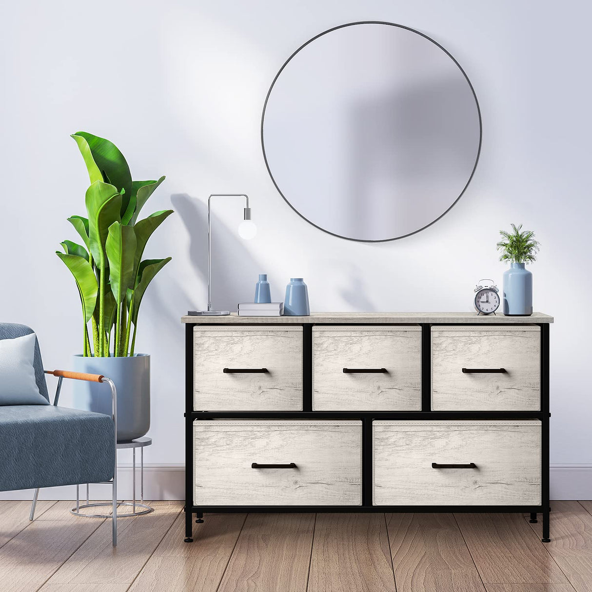 Dresser with 5 Faux Wood Drawers - Storage Unit Organizer Chest for Clothes