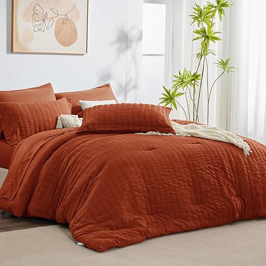 King Seersucker Comforter Set with Sheets Beige Bed