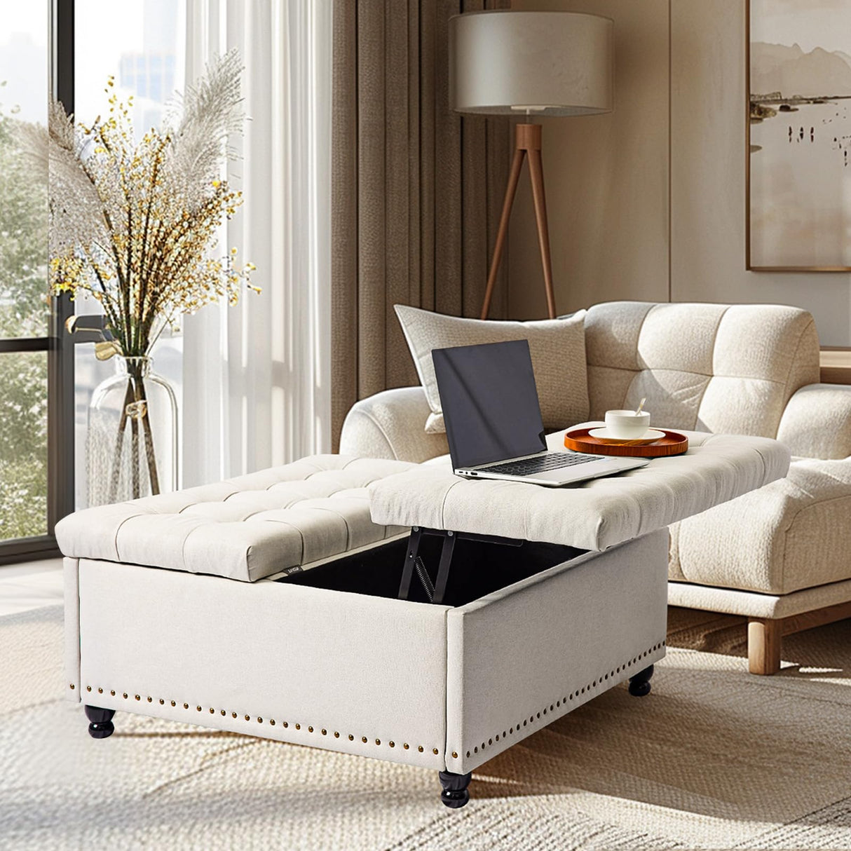 Storage Ottoman Coffee Table, 35 Inch Large Square Storage Ottoman