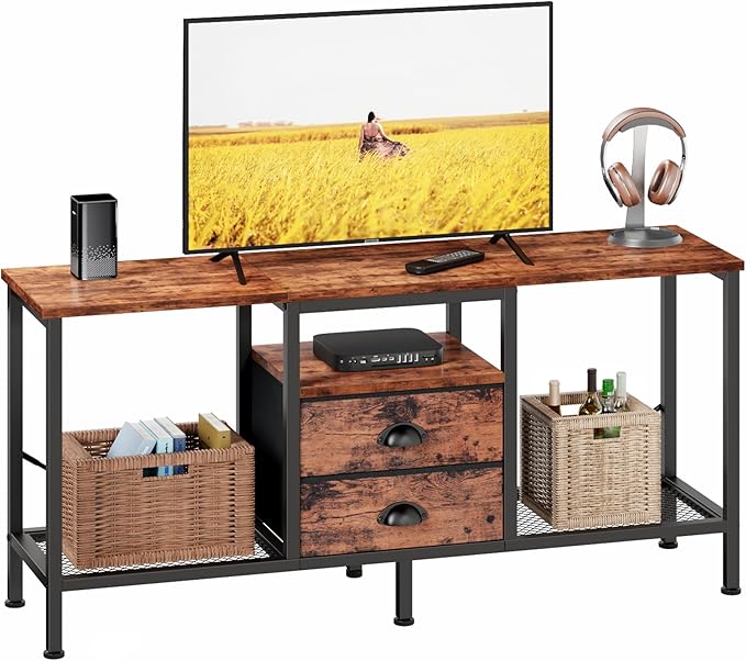 Stand with Power Outlets and 2 Fabric Drawers, 42 Inch Small Entertainment Center with Open Storage Shelves,