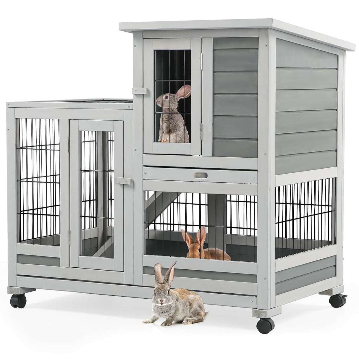 Rabbit Hutch with 2 Deeper No Leak Trays & 4 Casters, 37 Inch Rabbit Cage Pet House