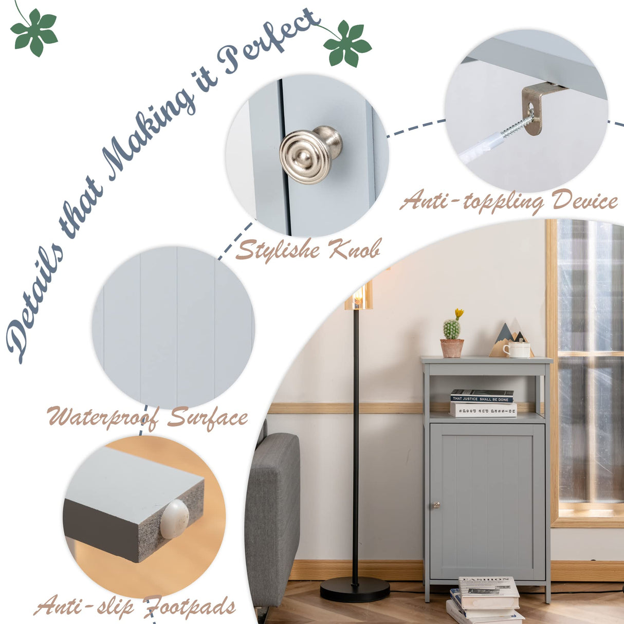 Floor Storage Cabinet, Multifunctional Side Storage Cabinet with Three-Position Adjustable