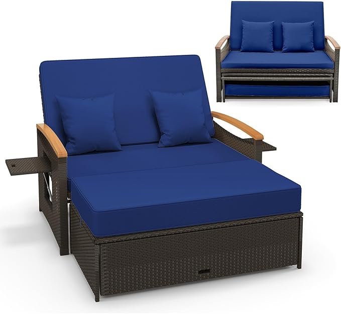 Moccha Outdoor Wicker Daybed, Patio Rattan Loveseat Sofa w/ 4-Level Adjustable
