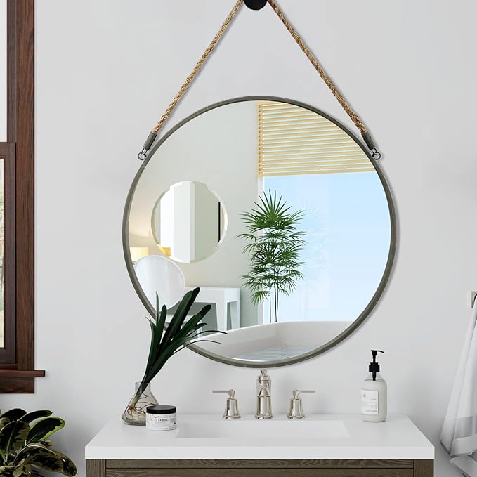 Round Hanging Mirror, Circle Wall Mirror with Rope, Farmhouse Mirror