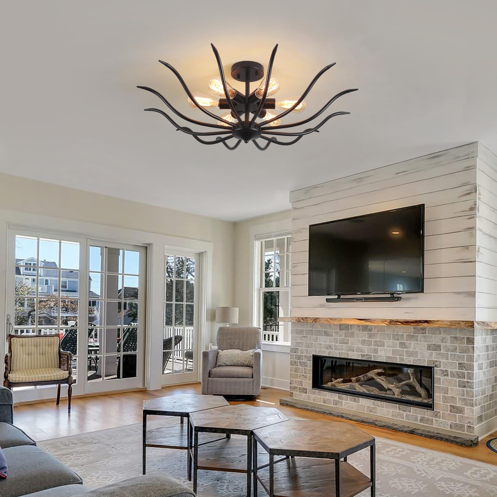 6-Light Semi Flush Mount Ceiling Light - 31.5" Modern Black Fixture