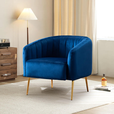 LSSBOUGHT Comfy Velvet Accent Chair Armchair Barrel Chair with Gold Metal Legs Cozy Padded Single Sofa for Living Room Bedroom (Blue)