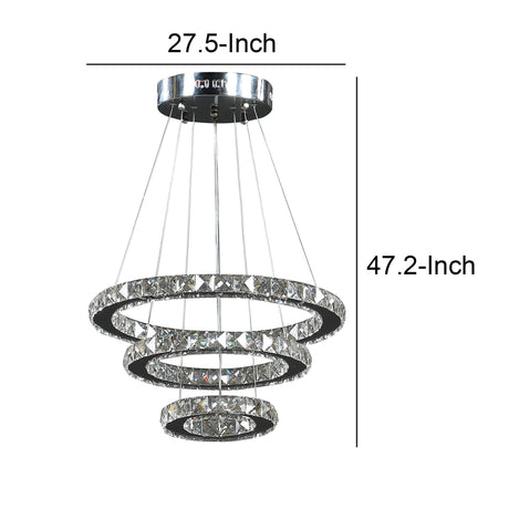 12-47 Inch Ringed Adjustable Chandelier, 3 Circles Design, Chrome Silver