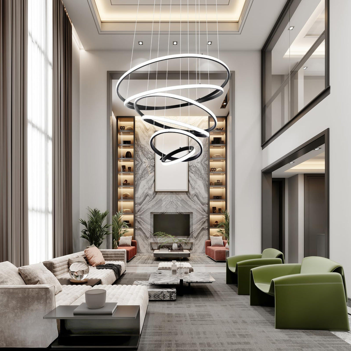 6 Ring Chandelier for High Ceiling with Remote Control, Black LED Chandelier Brightness