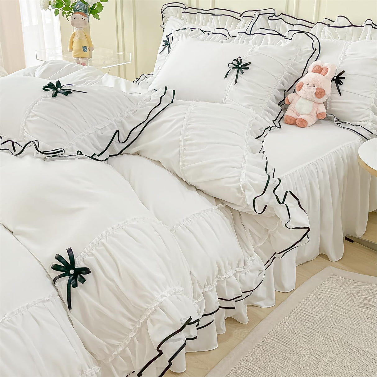 White Duvet Cover Full Size, Ruffle Beddding Set with Bowtie