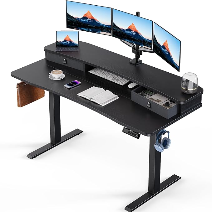 48″ x 24″ Electric Standing Desk with 2 Drawers, C-Clamp Mount Compatible, Height Adjustable Computer Desk, Home Office Stand Up Desk with 4 Preset Heights & 2 Hooks, Black